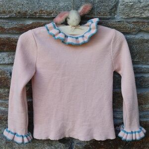Kalinka Kids Knit Merino Wool Pink With Teal Trim Dora Turtleneck Sweater